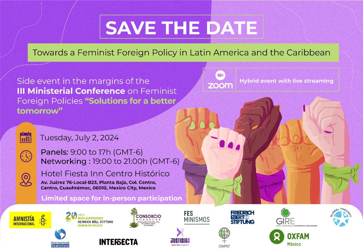 Wondering what makes foreign policy #feminist?
Join us at the 3rd International   #FeministForeignPolicy Conference for an inclusive multi-stakeholder dialogue   on #FFP in Latin America and the Caribbean! <a href="/OxfamMexico/">Oxfam México</a>
🔗To join online, register here: tinyurl.com/3w7k3ekk
