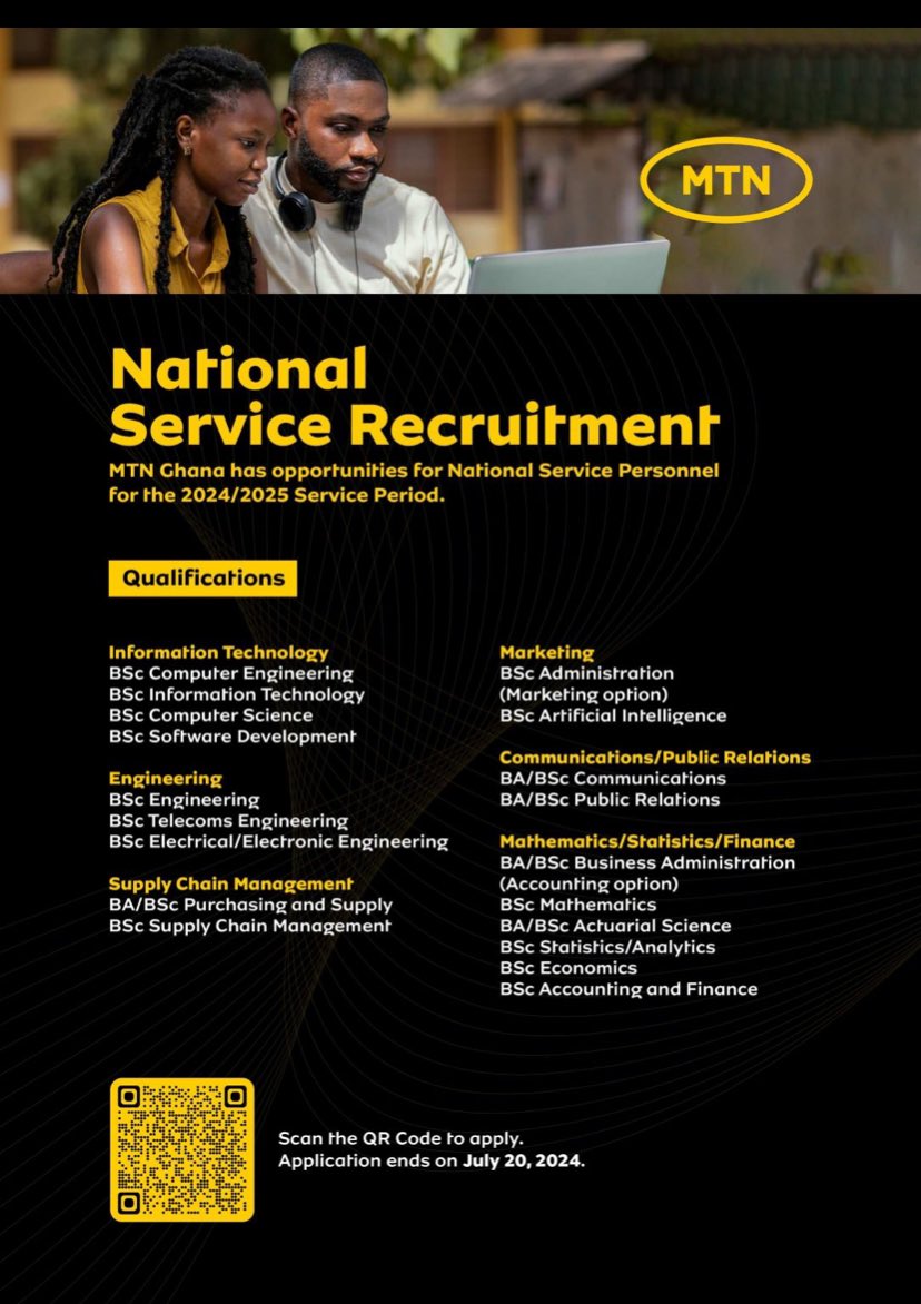 Call for  National Service Personnel for the 2024/2025 Service Period at MTN Ghana

Apply here; lnkd.in/dx92E9p4