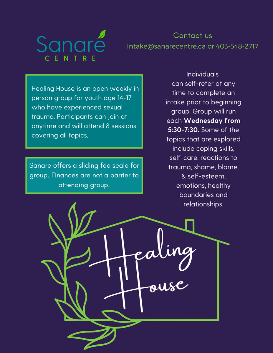 Healing House group is a 12-week program for youth clients aged 14-17. 
Contact us to learn more at info@sanarecentre.ca. 

#Healing #therapy #youth #medicinehat