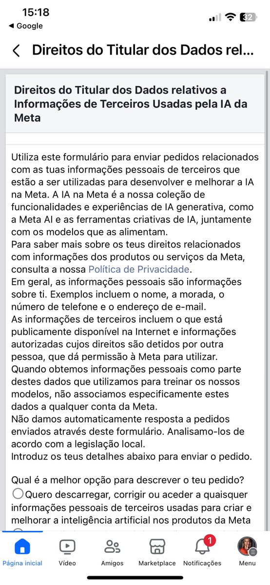 ACaceresM's tweet photo. A Meta tem um formulário “escondido” no centro de privacidade designado “Direitos do titular dos dados para informações de terceiros usadas para IA na Meta”. É através dele que pode pedir à Meta que apague os seus dados que serão usados para treinar a #IA #dadospessoais https://t.co/XizEZaxv9V
