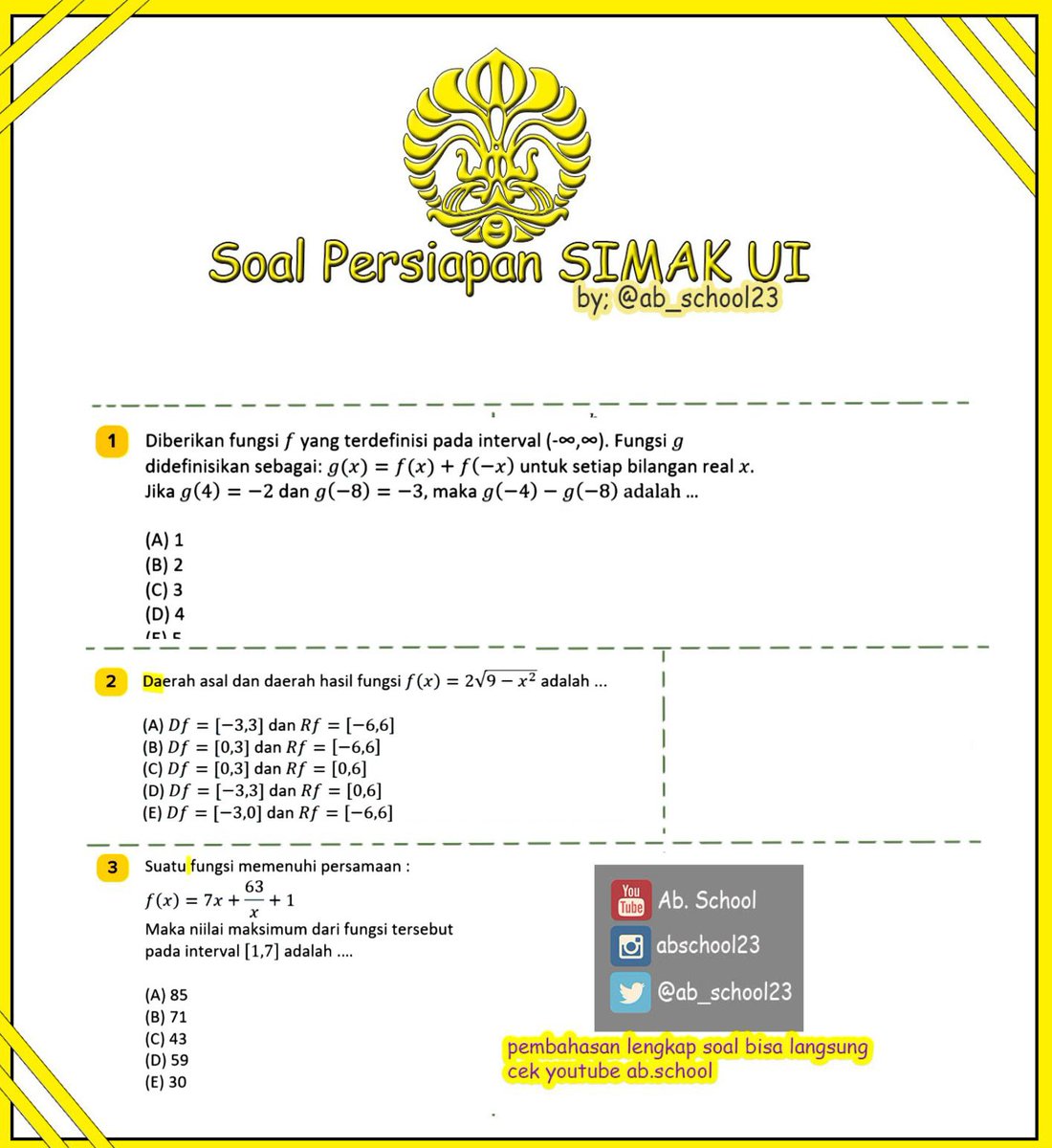 [SIMAK UI 2024]
Buat yang mau Tes Ujian Mandiri UI (SIMAK UI), yuk latihan tipe soal-soal matematika dasar simak ui yg sering muncul ditahun sebelumnya! 
Untuk pembahasan lengkapnya bisa langsung cek kesini youtu.be/UDptI99yshU?si…