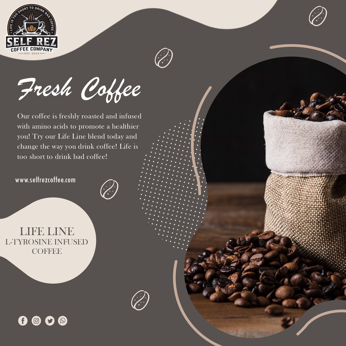 SelfRezCoffeeCo's tweet photo. ☕️ Our coffee is like no other! Not only is it freshly roasted, but it’s also infused with l-tyrosine for an added boost of focus and clarity. Say goodbye to sluggish mornings and hello to a cup of pure energy! #FreshCoffee #LTyrosine #MorningBoost https://t.co/2lSRK7c8oj