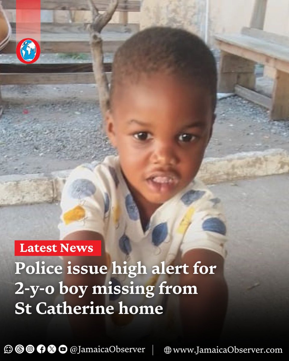 The Jamaica Constabulary Force (JCF) has issued a high alert for a two-year-old boy who reportedly went missing from his yard in Red Ground, Old Harbour in St Catherine on Wednesday.

The missing boy is Roshaun English.
jamaicaobserver.com/2024/06/27/pol…