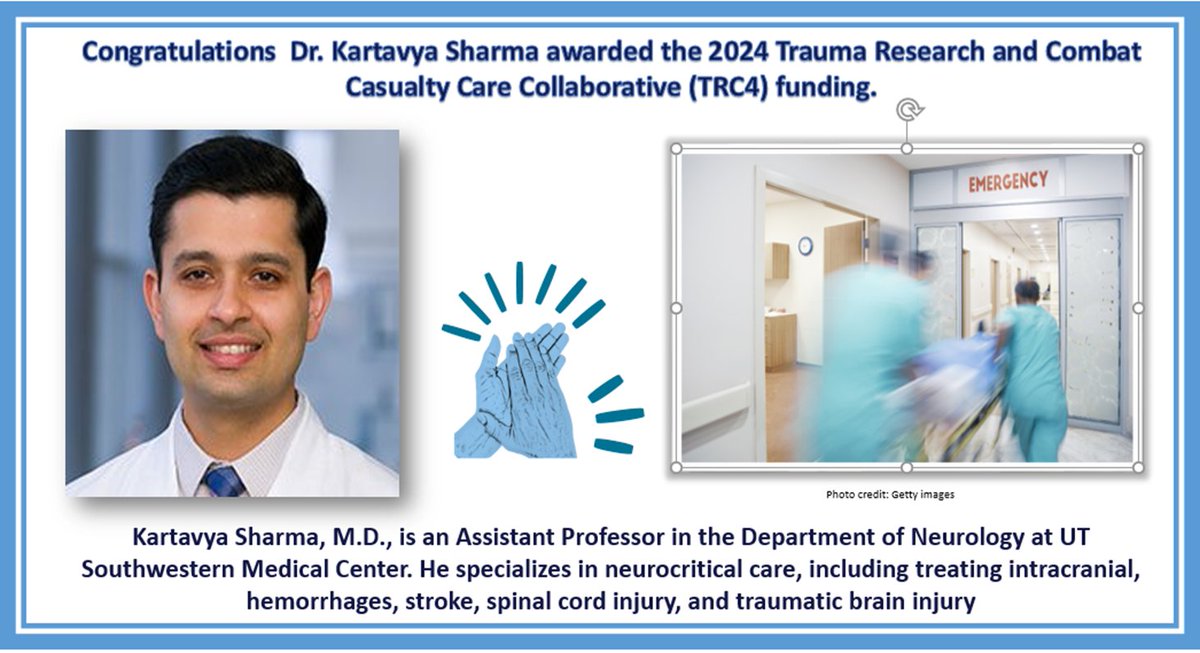 NnrcUtsw's tweet photo. #neuronurses #neuroscience #neurotwitter #MedTwitterGreat @UTSWNeurolo @DaiWaiOlson #award #traumaresearch, Congratulations Dr. Kartavya Sharma awarded the 2024 Trauma Research and Combat Casualty Care Collaborative (TRC4) funding. https://t.co/WbIYY4TJv4