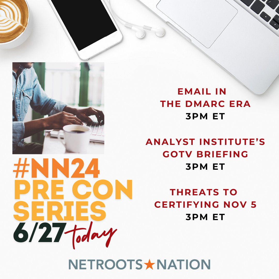 One 👏more👏day!
It's the final 3 hours of the #NN24 virtual 
Pre-Con Series-all @ 3PM ET. (Decisions, decisions)

A virtual or in person ticket=live seat+on demand recordings+access to ALL 2024 virtual content.

We're almost there. Next stop...#charmcity!
registration.socio.events/e/netroots24