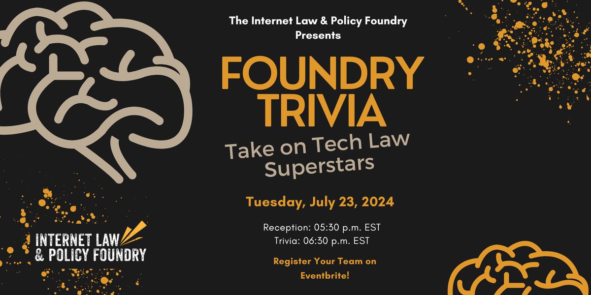 The Foundry (@ilpfoundry) on Twitter photo Get your tickets and reserve your table! Internet Law Trivia is back on Tuesday, July 23 at Meta’s DC roof deck. Join <a href="/ILPFoundry/">The Foundry</a> Fellows, and quiz master <a href="/kurtopsahl/">Kurt Opsahl @kurt@mstdn.social</a> in a desperate bid to win. Register Now! tinyurl.com/yjyyvup4 #FoundryTrivia Get your tickets and reserve your table! Internet Law Trivia is back on Tuesday, July 23 at Meta’s DC roof deck. Join <a href="/ILPFoundry/">The Foundry</a> Fellows, and quiz master <a href="/kurtopsahl/">Kurt Opsahl @kurt@mstdn.social</a> in a desperate bid to win. Register Now! tinyurl.com/yjyyvup4 #FoundryTrivia