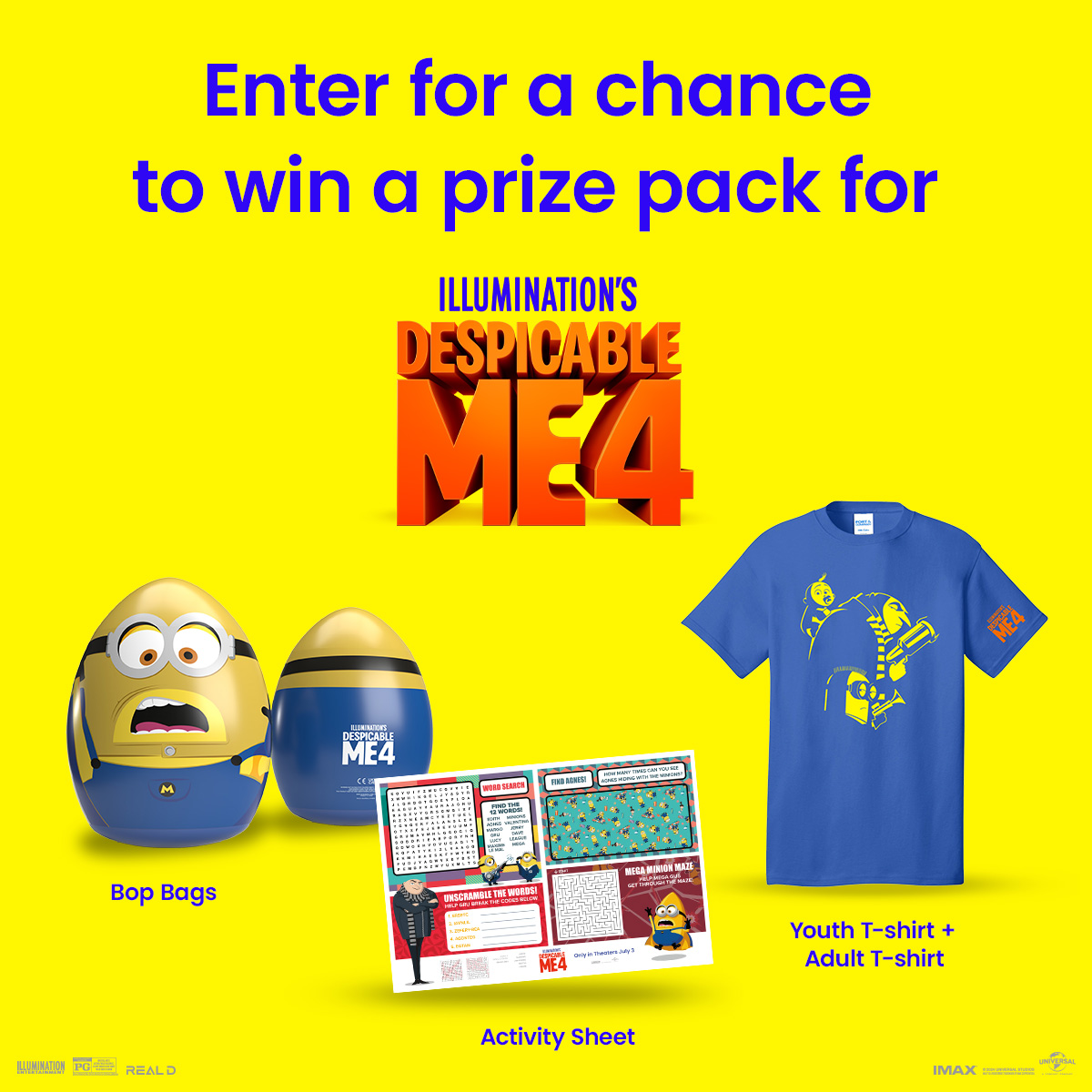 🚨 GIVEAWAY 🚨

FOLLOW US and RT this post for a chance to win this #DespicableMe4 prize pack!

No Purchase Necessary. U.S/D.C. only, 18+. See Official Rules for all details. Enter by 7/16/2024 Rules: cur.lt/0bci5eoin #CinemarkPrizePackSweepstakes