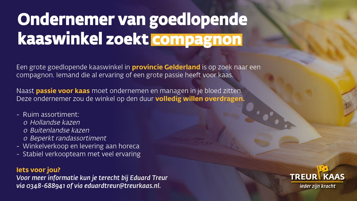 Ondernemer van een goedlopende kaaswinkel in Gelderland zoekt een compagnon. Iets voor jou? Neem dan contact met ons op! (treurkaas.nl/kaaswinkel-gel…) #treurkaas #compagnon #gezocht #kaaswinkel #kaas #cheese