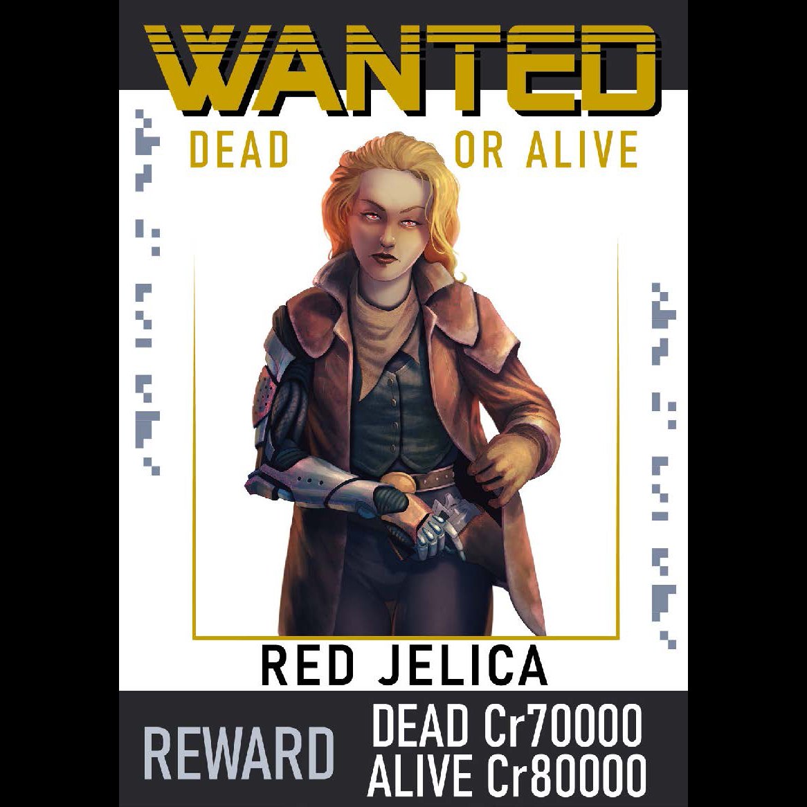MongoosePub's tweet image. MARK: Red Jelica | WANTED FOR: Murder
BOUNTY: Cr80000 Alive / Cr70000 Dead
PRIORITY: Mid★★| ISSUER: The Golden Cloak

Experience the danger, action, and glory that only a life filled with near-misses and risk can deliver.
Bounty Hunters: launches tomorrow! 
#TravellerRPG #ttrpg