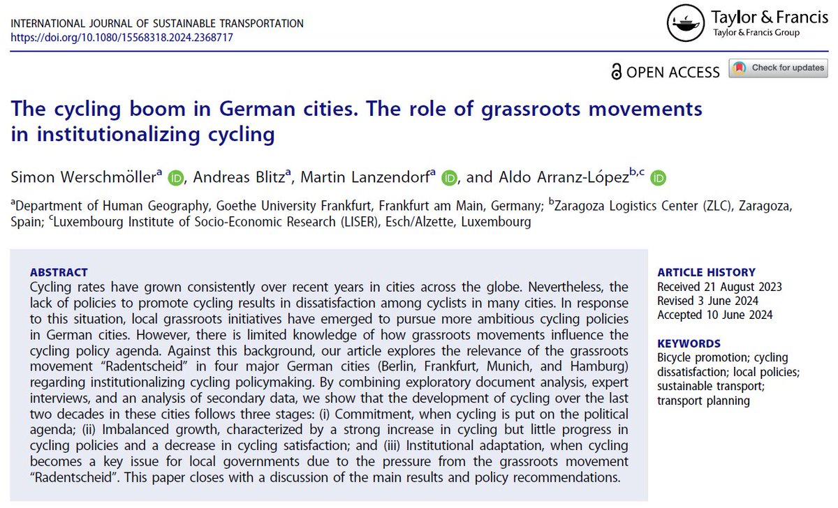 💡New article just published! 💡
Our colleagues <a href="/s_werschmoeller/">Simon Wersch</a>, A. Blitz, M. Lanzendorf &amp; <a href="/Aldo_Arranz/">Aldo Arranz-López</a> (<a href="/ZLCsupplychain/">Zaragoza Logistics Center (ZLC)</a> ) examined the role of the grassroots movement #Radentscheid in institutionalizing cycling in local politics.

doi.org/10.1080/155683… (Open Access)