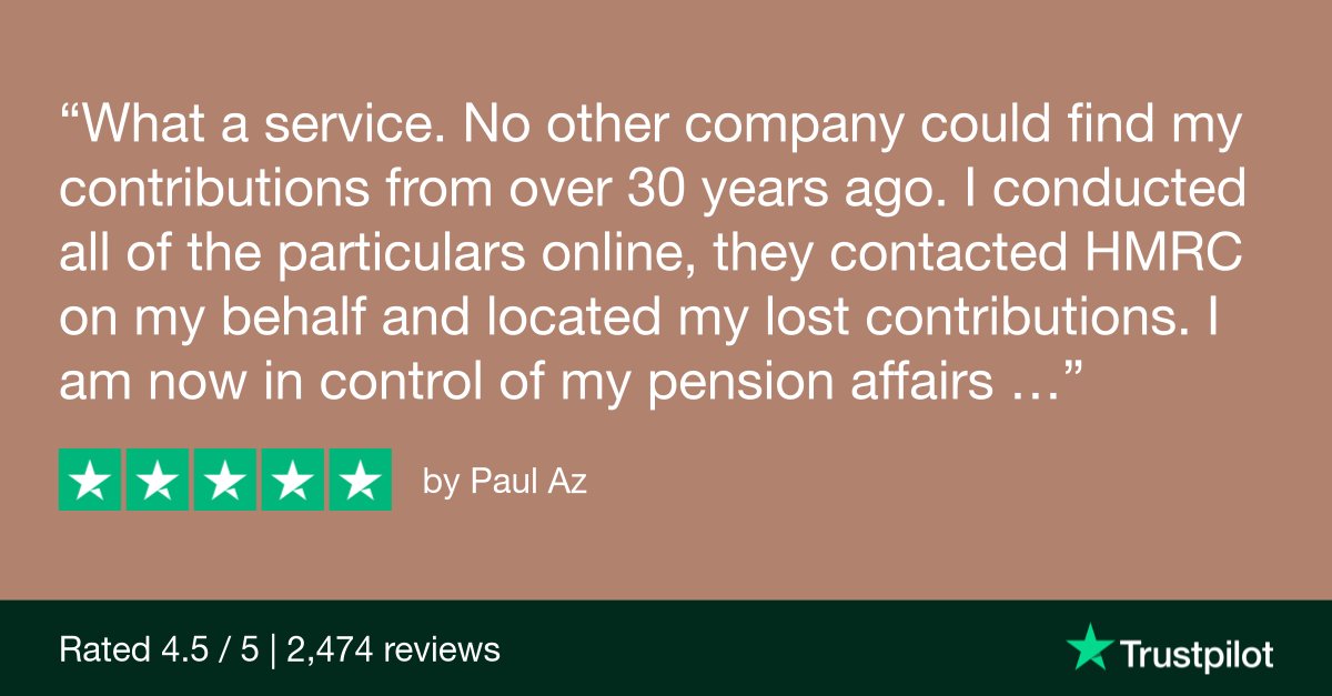 Thanks for the 5* review, Paul! There's nothing we like more than helping people reunite with their hard-earned money. We try to take away the stress and hard work that can come with tracing down lost pensions.

#customerservice #5star #5starreview #trustpilot