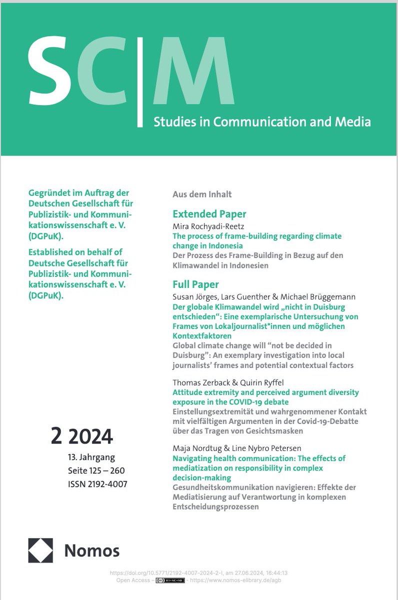 We are delighted to announce that #SCM 2/2024 has been released – covering urgent matters such as #ClimateCommunication, #AttitudeExtremity and #vaccine-related #HealthCommunication: doi.org/10.5771/2192-4…