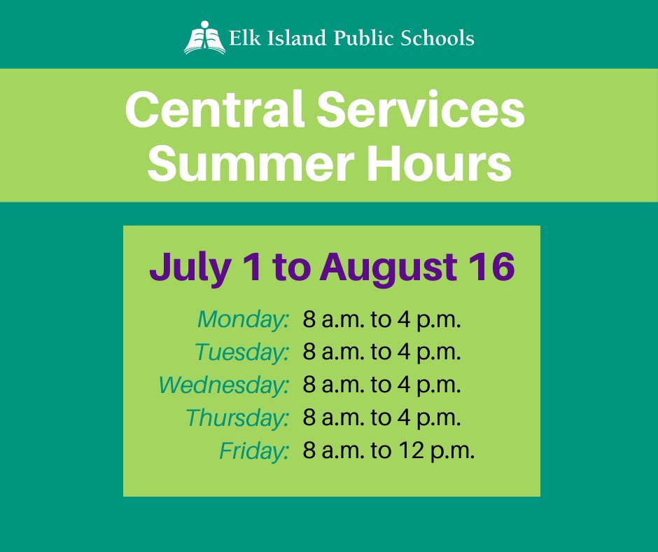 From July 1 to August 16, #EIPS Central Services will be open 8 a.m. to 4 p.m. Monday to Thursday and 8 a.m. to 12 p.m. on Friday. While schools are closed for the summer break, you can direct any questions to our central office: bit.ly/ContactEIPS