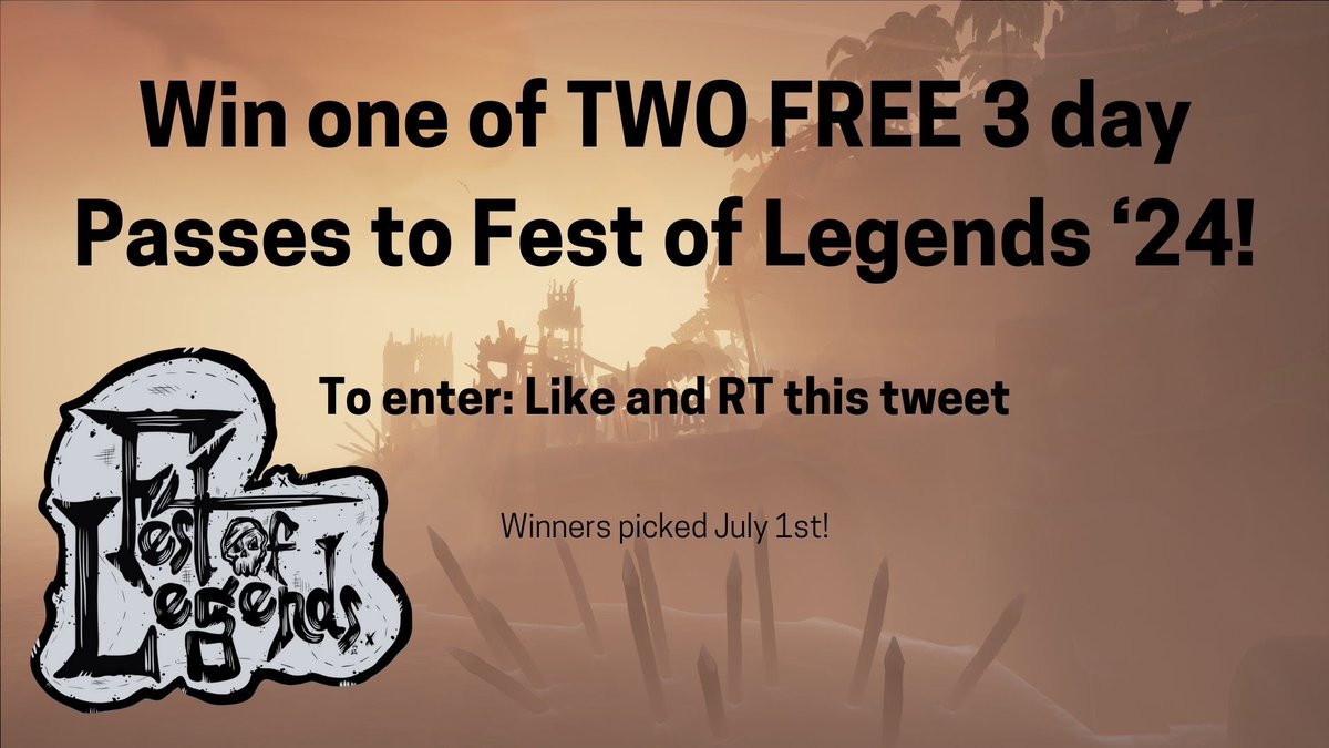 BIG NEWS, Pirates! 

We are giving away TWO Free 3 day passes to Fest of Legends '24 right here in Columbus, Ohio July 19th-21st! 

To enter: Like and RT this tweet - that's it! 

Be sure your DMs are open so we can contact you if you win. Winners picked July 1st!

#SeaOfThieves