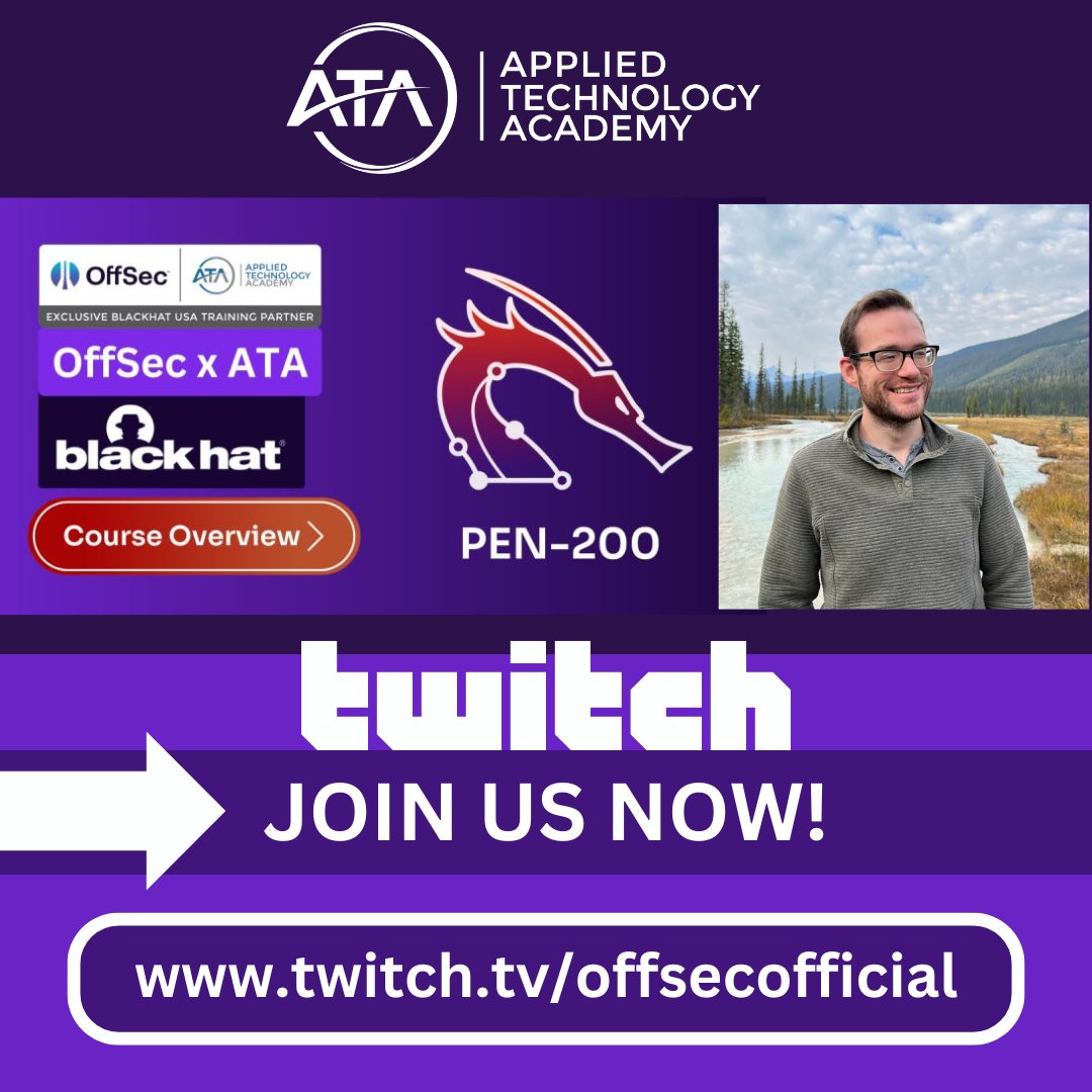 appliedtechac's tweet image. 📣 Join us NOW on Twitch!📣
Get an overview of our PEN-200 Black Hat training with Applied Technology Academy Instructor, Jake Mayhew. zurl.co/ti2q
#Network #Enumeration #WebExploitation #Windows #ActiveDirectory