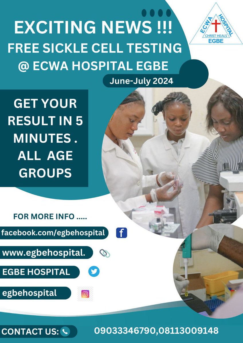 EgbeHospital's tweet photo. 📢 ECWA Hospital Egbe is now offering Sickle Cell Testing!

Early diagnosis can make a significant difference. 
Visit us to get tested and receive comprehensive care. 
For more details, see the flyers above.

#HealthFirst #sicklecelldisease #ECWAHospitalEgbe https://t.co/0h4iUfxQyH