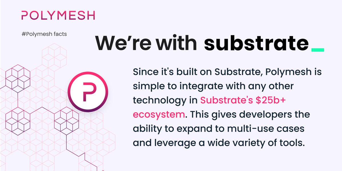 PolymeshNetwork's tweet image. Polymesh is built using @substrate_io, trusted by over 150 projects to secure billions of dollars of value. 

Substrate’s modularity provides core functionality for the asset lifecycle, and it’s easy to integrate with other Substrate-based ecosystems. 

#BlockchainDevelopers