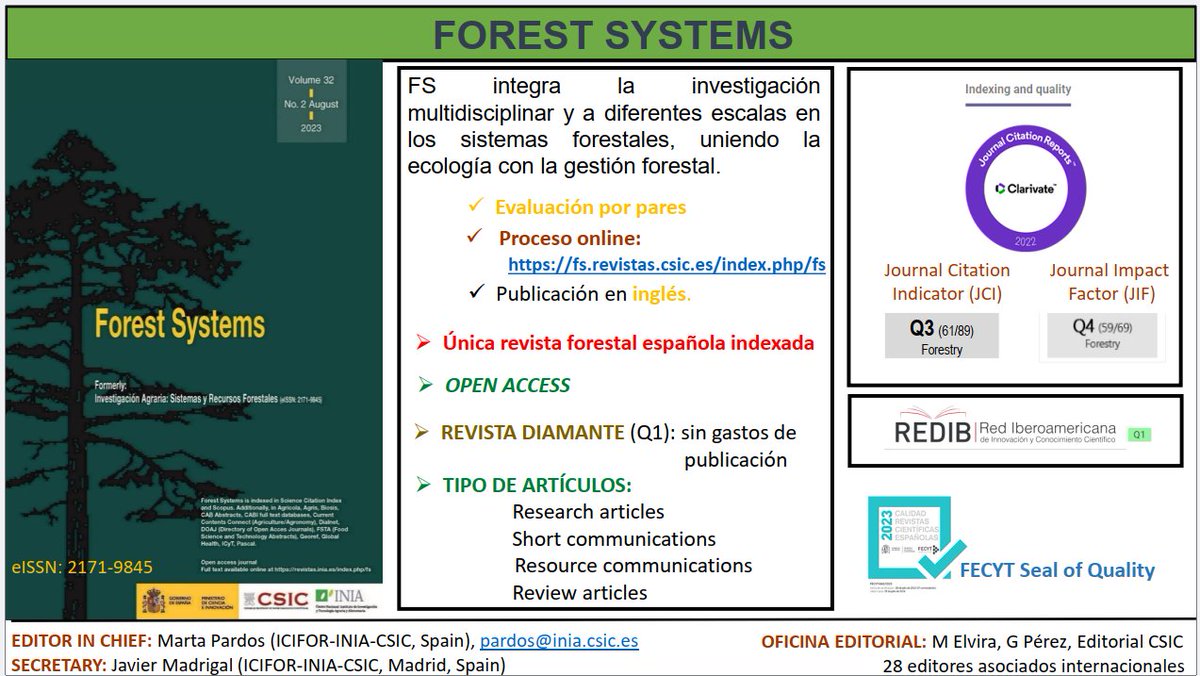 Desde el Comité Editorial esperamos con entusiasmo tu contribución a Forest Systems, que está muy bien posicionada en el área forestal. <a href="/ForestSystems_J/">Forest Systems</a>, <a href="/FCFUNSE/">FCF UNSE</a>, <a href="/embrapa/">Embrapa</a>, <a href="/investigacionud/">Investigaciones Universidad Distrital</a>, <a href="/Ecolmod/">Ecolmod_UN</a> , <a href="/EcologiaAridas/">Ecología (FCA - UNCUYO)</a>, <a href="/IEBChile/">Instituto de Ecología y Biodiversidad - IEB</a>, <a href="/UFDPar/">Universidade Federal do Delta do Parnaíba</a>, <a href="/UNSEoficial/">UNSE</a>