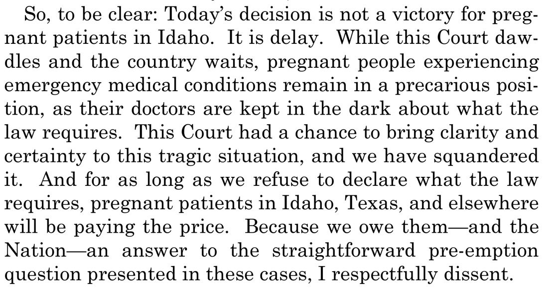 girlsreallyrule's tweet photo. Scathing dissent by Justice Jackson in Moyle v. US, which accurately addresses the real problem: the US Supreme Court is refusing to establish a clear ruling NOW that protects the EMTALA federal rights of abortion patients across the board, so this is not a real win. https://t.co/rbLlrMFEq6