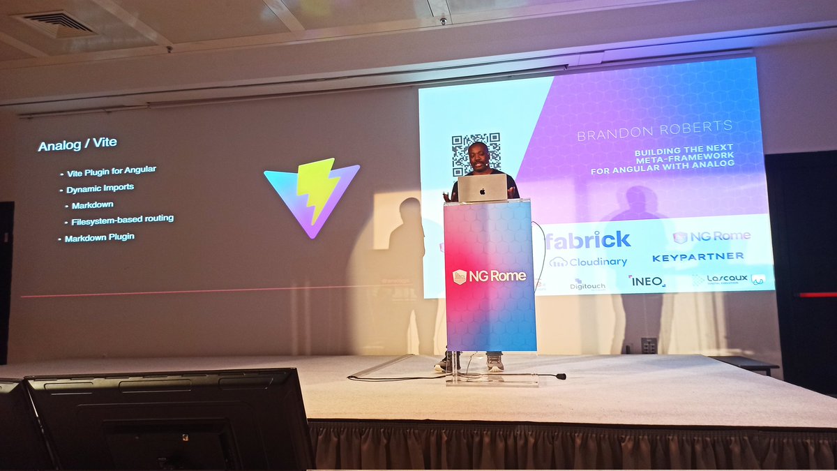 ngromeconf's tweet photo. @brandontroberts on stage talking about building next #metaframework for @angular! 🤩

#ngrome #ngrome2024 #ngromemmxxiv https://t.co/xI5a8KicE1
