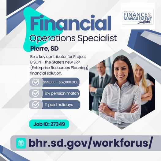 careerssd's tweet image. Make your mark as an ERP Financial Operations Specialist with the South Dakota Bureau of Finance &amp;amp; Management. 
📷 Learn more about Job ID 27349 in Pierre, SD: sodakprod-lm01.cloud.infor.com:1443/lmghr/xmlhttp/… #southdakota #enterpriseresourceplanning #accountingjobs