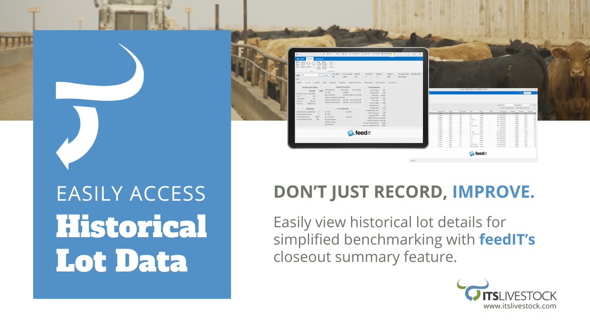 ITSLivestock's tweet image. Don't just record information to measure performance. 

Put your data to work and improve 📈

From feed intake to cost of gain, easily view historical lot details with #feedIT’s closeout summary feature 👉 bit.ly/ITSLivestock

#ITSLivestock #FeedlotSoftware