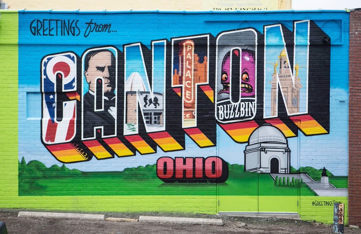 GreaterOhio's tweet image. We bet you know @TheCityofCanton is home of the Football Hall of Fame @ProFootballHOF. 🏈 But did you know that it’s named after Canton, China? Follow this #GOPCThread to learn more about this cool spot. Mural by @GreetingsTours. @VisitCanton