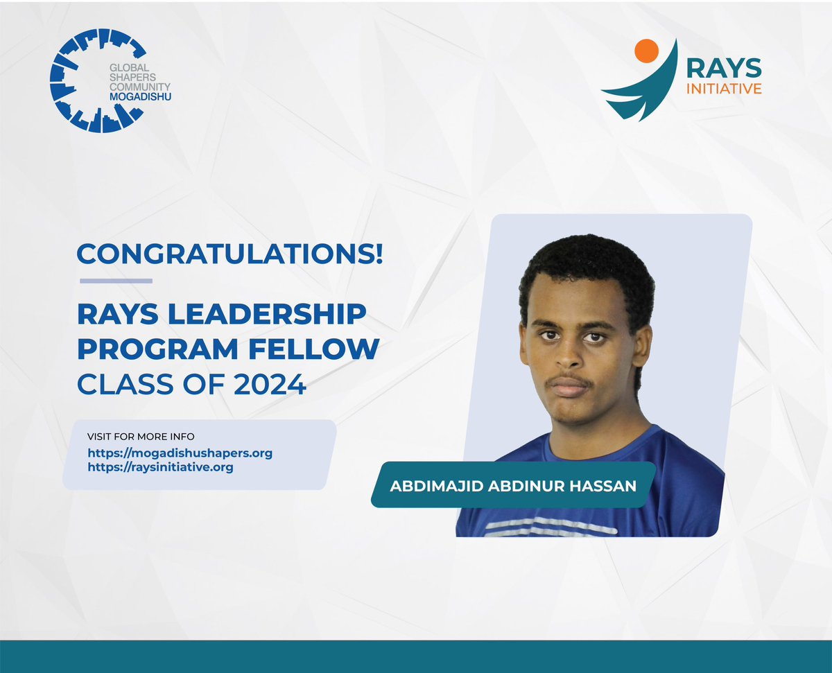 Meet the Fellow: 

Abdimajid Abdinur Hassan, a final-year student at Moallin Jama Secondary School in Mogadishu, is a fellow of the Rays Leadership Program, class of 2024. Abdimajid's dedication to learning and growth is paving the way for his future success. #MeetTheFellow