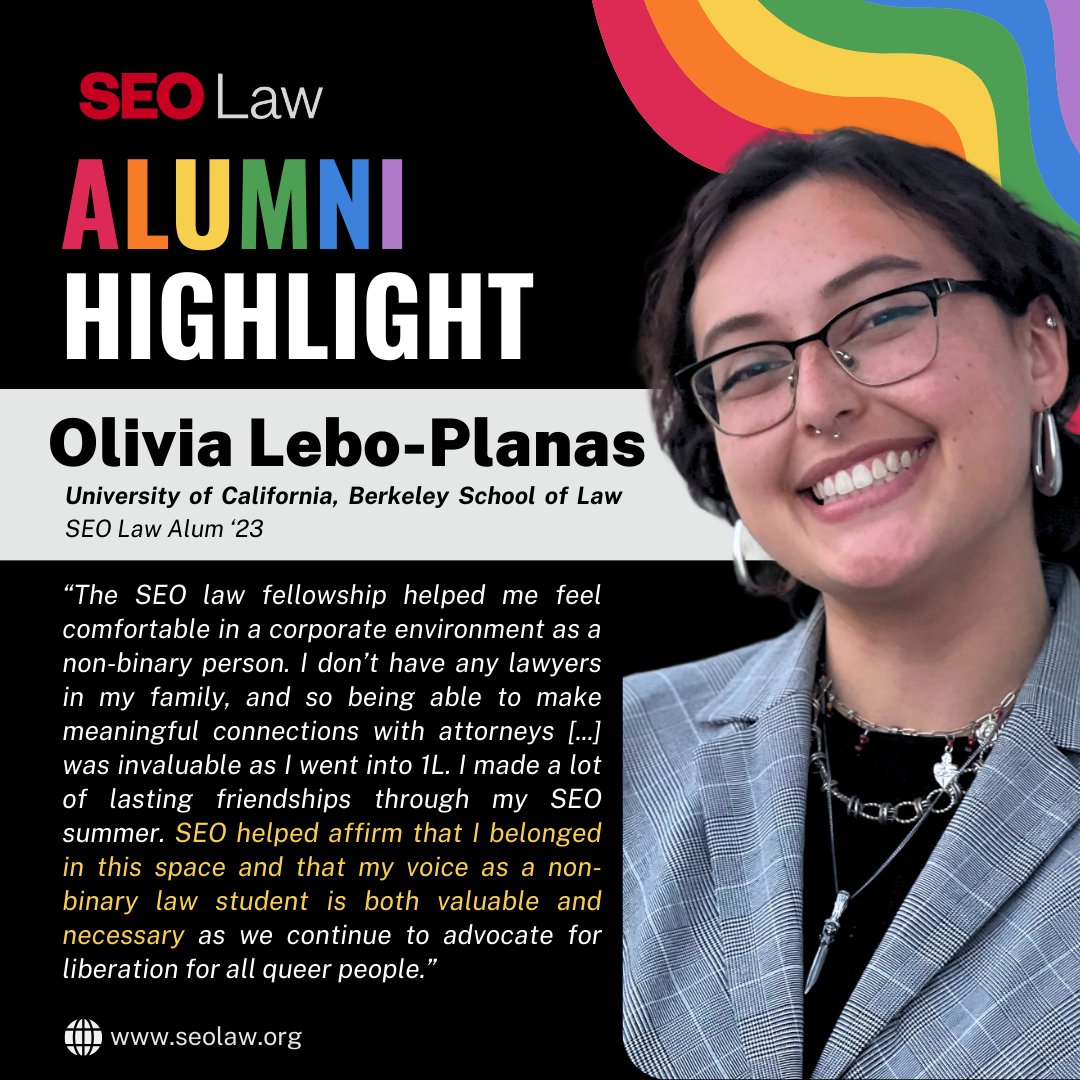 SEOLawProgram's tweet image. Meet Olivia Lebo-Planas: Celebrating Pride Month with SEO Law Alum '23!🌈
Olivia is a rising 2L at Berkeley Law School and an active student leader in the Tenants Rights Workshop at the Berkeley Law Pro Bono Program.
#PrideMonth #LGBTQ #SEOLawFellowship #LawSchool #FutureLawyers
