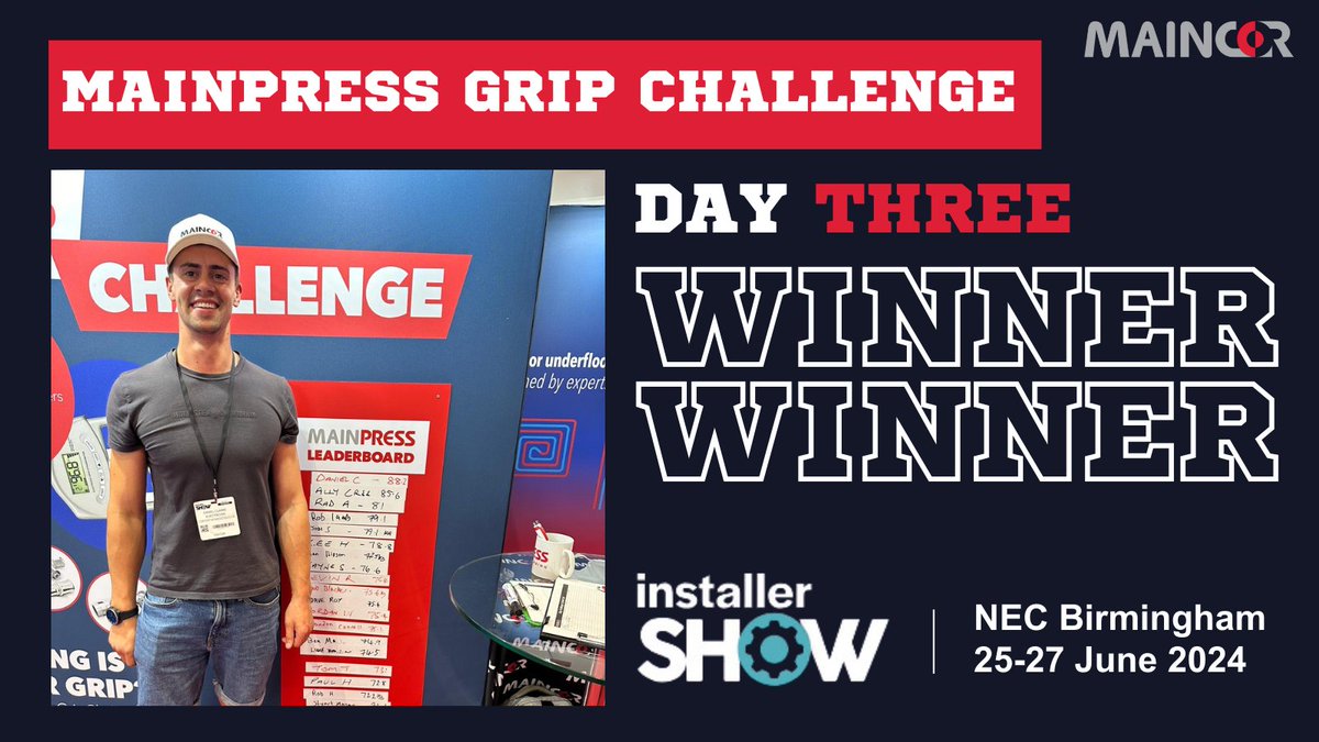 That’s a wrap on Installer Show 2024! Congratulations to Daniel Clarke from D Clarke Property Maintenance who won day three of our Maincor Grip Challenge with a winning grip of 88.2kg💪#MaincorGripChallenge #InstallerShow #InstallerShow2024 #MAINPRESS