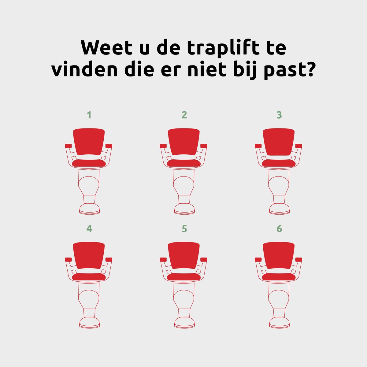 Zoek de traplift die er niet bij past! Kunt u het verschil vinden? Laat uw antwoord achter in de reacties. 🔎

#Otolift #OtoliftTrapliften #Trapliften #Puzzel