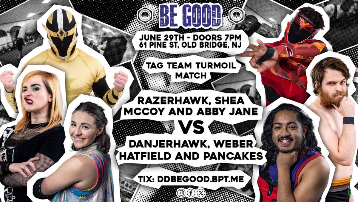 OperationDD's tweet photo. Dropkick Depression presents Be Good
THIS SATURDAY - Old Bridge, NJ
A show for Anchor House, helping homeless youth in NJ.

Tag Team Turmoil Match
Razerhawk, Shea McCoy and Abby Jane vs Danjerhawk, Weber Hatfield and Pancakes

Tix: https://t.co/fzMaO7BztO https://t.co/wRK2WqZrEI