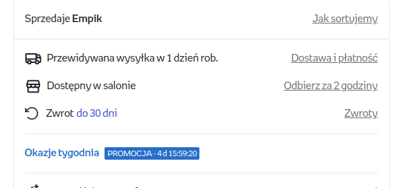 Hej <a href="/empik/">empik</a> 

na karcie produktu widzę,  "odbierz w 2 godziny",
po zamówieniu widzę, że przewidywany termin dostawy to 2 lipca....

nieładnie.