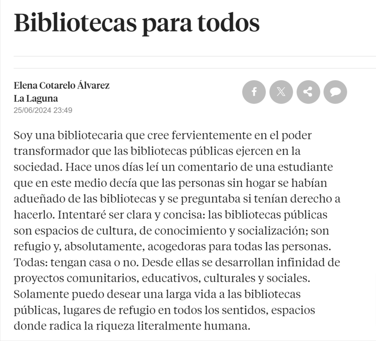 Ariel Brito Jiménez (@ariel_brito) on Twitter photo Hace unos días, una usuaria se quejaba en la prensa de las personas sintecho que acudían a la biblioteca y perturbaban su dinámica de estudio.
Por aquí les dejo la respuesta de mi colega y amiga <a href="/elenacotarelo/">Elena Cotarelo</a>👇👇 Hace unos días, una usuaria se quejaba en la prensa de las personas sintecho que acudían a la biblioteca y perturbaban su dinámica de estudio.
Por aquí les dejo la respuesta de mi colega y amiga <a href="/elenacotarelo/">Elena Cotarelo</a>👇👇