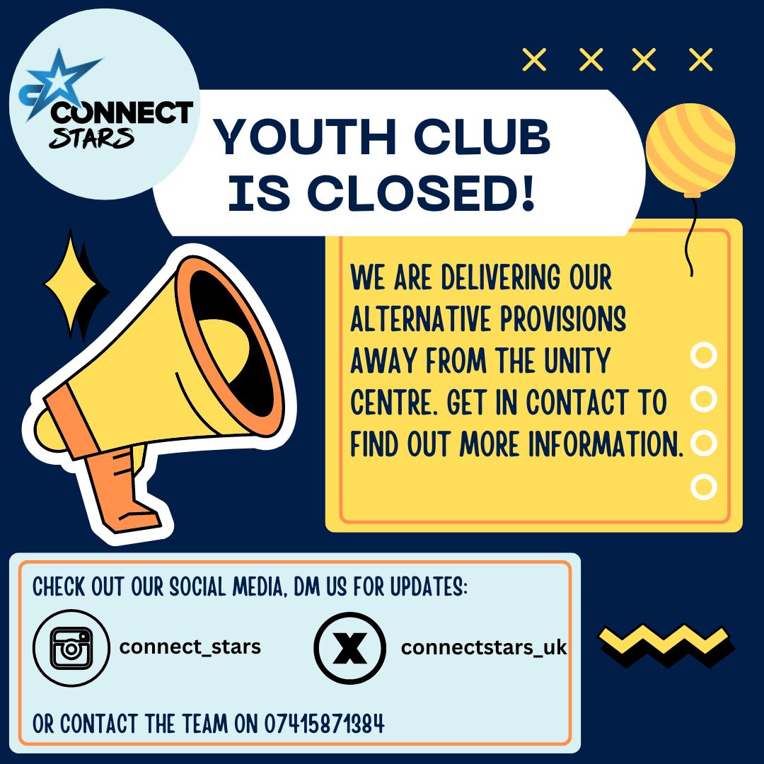 Connect Stars (@connectstars_uk) on Twitter photo Youth Club is TEMPORARILY closed.
No Need To Panic, we are running alternative activities & provisions in & around the borough for our young people. To find out about some of our exciting projects & activities, feel free to DM us, Email info@connectstars.org or call 07415871384 Youth Club is TEMPORARILY closed.
No Need To Panic, we are running alternative activities & provisions in & around the borough for our young people. To find out about some of our exciting projects & activities, feel free to DM us, Email info@connectstars.org or call 07415871384
