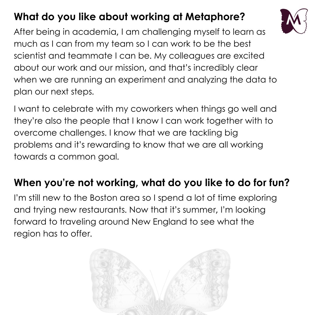 We’re so glad that Monica Kirby, PhD, rejoined Metaphore after interning with us two years ago when she was working towards her PhD. Learn more about Monica and her favorite parts about working at Metaphore.

#LifeAtMetaphore #WeAreHiring #JoinUs