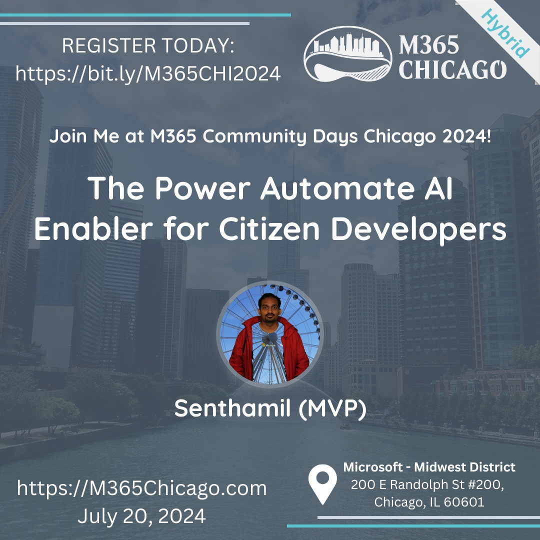 M365Chicago (@m365chicago) on Twitter photo Discover how Power Automate can democratize AI in business automation with <a href="/altfo/">Senthamil #msisgreat</a>! Explore AI Builder and Azure AI connectors to enhance your workflows with predictive analytics, form processing, and object detection. #M365Chicago #M365 #CommunityLuv bit.ly/3RptMi8 Discover how Power Automate can democratize AI in business automation with <a href="/altfo/">Senthamil #msisgreat</a>! Explore AI Builder and Azure AI connectors to enhance your workflows with predictive analytics, form processing, and object detection. #M365Chicago #M365 #CommunityLuv bit.ly/3RptMi8