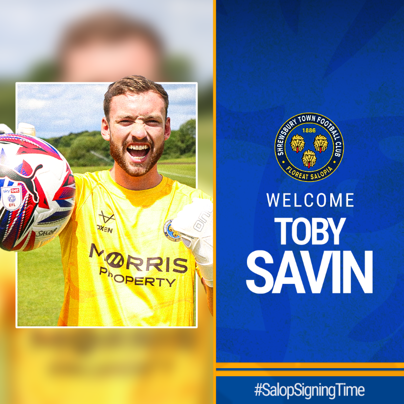 shrewsburytown's tweet photo. 🖊️ | We are delighted to announce the signing of goalkeeper Toby Savin on a two-year deal! 

Welcome to the club, @SavinToby! 🤩

🔷🔶 #Salop