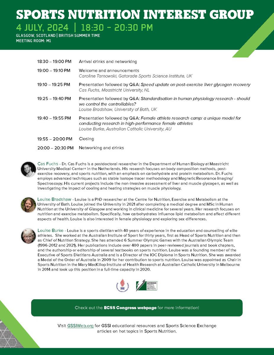 Caroline Tarnowski (@c_tarnowski95) on Twitter photo One week today until <a href="/E_C_S_S/">ECSS</a> Sports Nutrition Interest Group!
📆 4th July
⏰ 18:30-20:30
📍 Room M1
🎤 <a href="/LouiseMBurke/">Louise Burke</a> <a href="/27CJ/">Cas Fuchs, PhD</a> <a href="/lfbradshaw/">Louise Bradshaw</a>
Plus networking, food & drinks. Hope to see you there!
#GSSI One week today until <a href="/E_C_S_S/">ECSS</a> Sports Nutrition Interest Group!
📆 4th July
⏰ 18:30-20:30
📍 Room M1
🎤 <a href="/LouiseMBurke/">Louise Burke</a> <a href="/27CJ/">Cas Fuchs, PhD</a> <a href="/lfbradshaw/">Louise Bradshaw</a>
Plus networking, food & drinks. Hope to see you there!
#GSSI