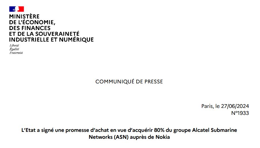 C'est un véritable petit séisme dans l'économie industrielle des câbles sous-marins de communication. L'État, via l'APE, devient l'actionnaire majoritaire (80%) d'Alcatel Submarine Neworks, l'un des rares fabricants de câbles dans le monde.