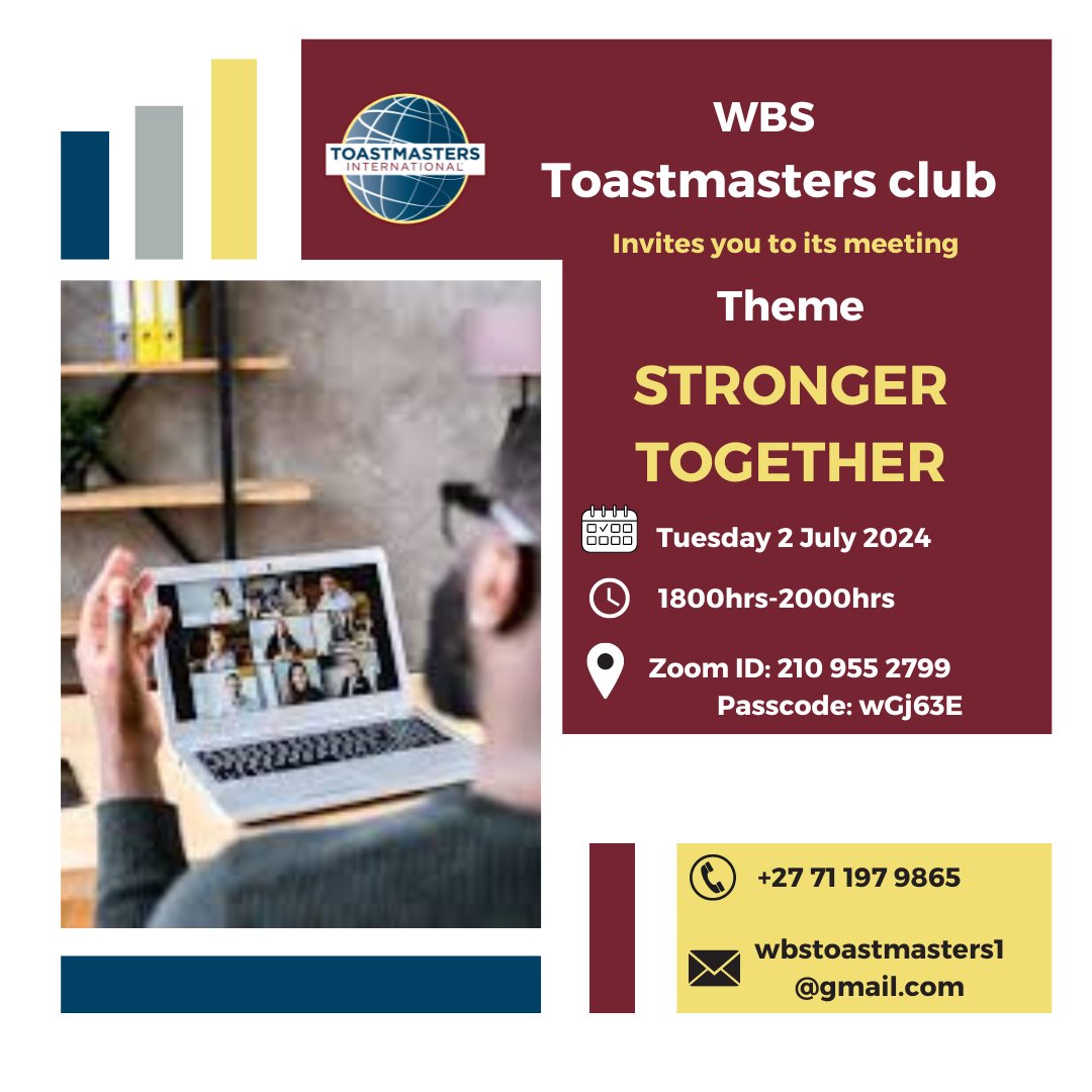 ToastmastersWBS's tweet photo. WBS Toastmasters Club is inviting you to our online club meeting. Details as follows:
🚀 Join us for an inspiring meeting with the theme "Stronger Together" 🌟
📅 Date: 2/07/2024
⏰ Time: 18:30 CAT
📍 Location: Zoom
Don't miss this opportunity to connect. See you there! https://t.co/Mc5TR0Pfto