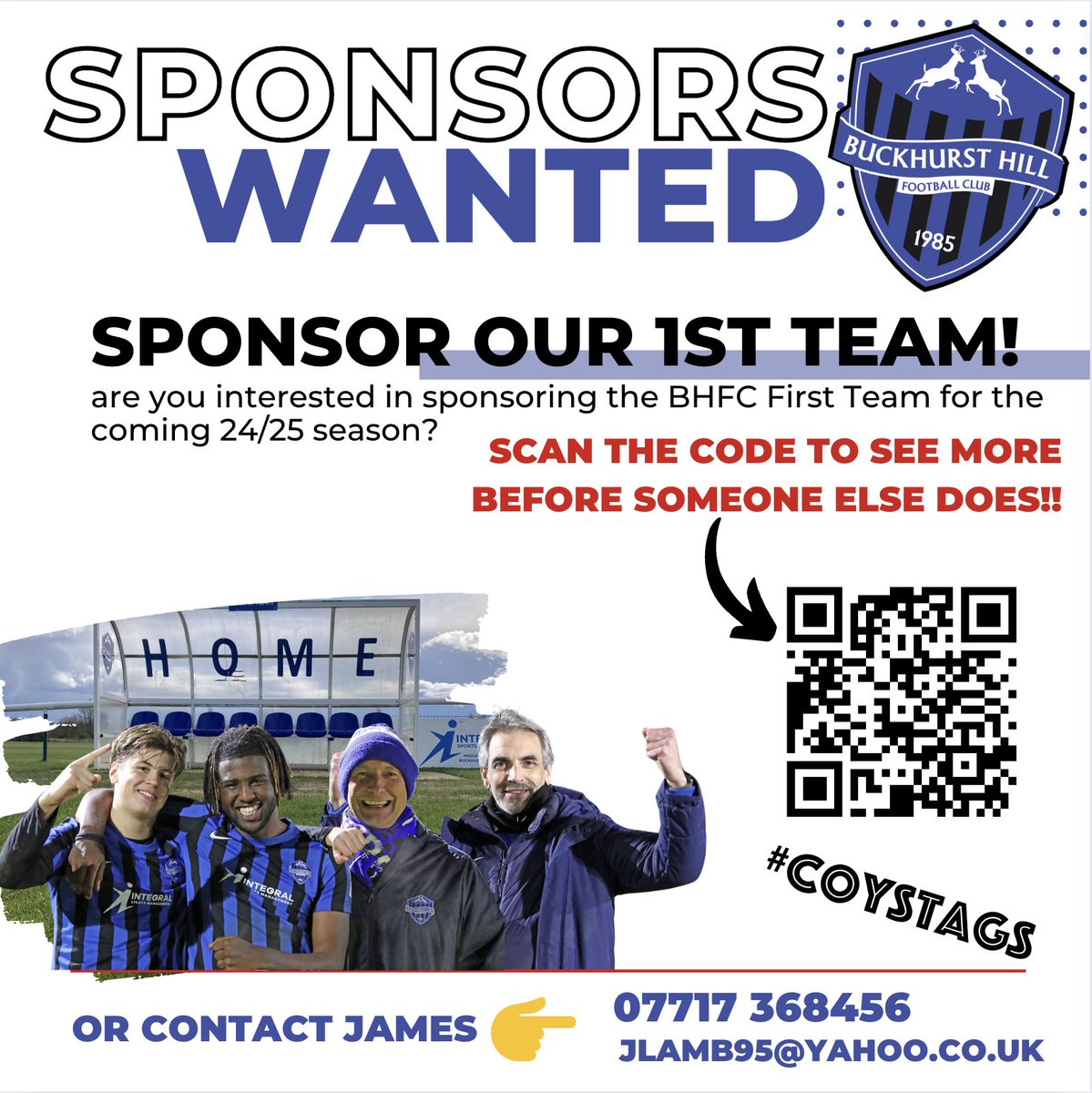 📣 Sponsor Our 1st Team! 📣
Want to boost your brand? Sponsorour First Team for the 24/25 season! Scan the code to secure your spot before it's gone! Contact James at 07717 368456 or jlamb95@yahoo.co.uk. Act fast!
#Sponsorship #BHFC #SupportLocalSports #BoostYourBrand