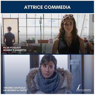 Il Nastro d’Argento 2024 Miglior Attrice di Commedia va in ex aequo a Virginia Raffaele, protagonista di ‘Un Mondo a Parte’, e, per il secondo anno consecutivo, a Pilar Fogliati per ‘Romeo è Giulietta’. 
•
#nastridargento #nastridargento2024