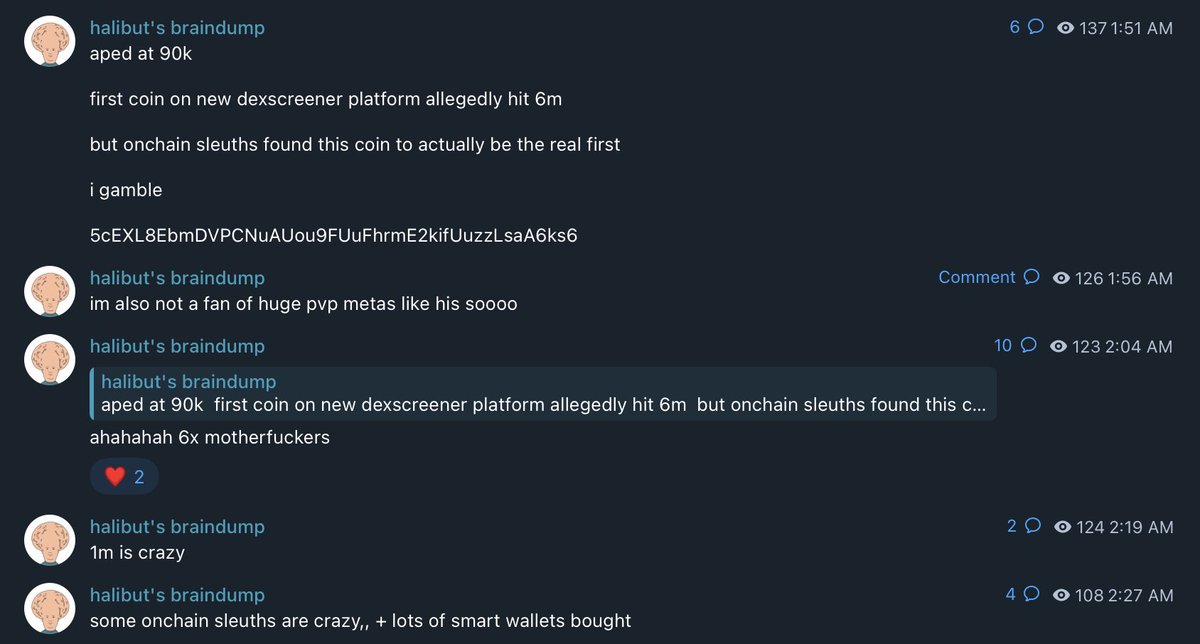 HalibutCrypto's tweet photo. 48 hours in the trenches:
$FIRST: 90k -> 1m
$MONI: 8.5m -> 17m (size play)
#BIDENICA: 150k -> 1.5m
$SOLETF: 150k -> 700k

It goes:
I send a ticker, a CA, thesis. 
I take initials at 2x. 
I ride to the moon, then I TP when happy. 

TG link in bio where I dump all my trade ideas.