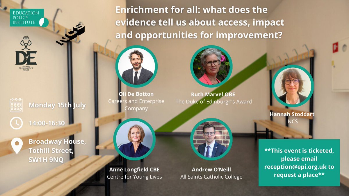 🚨EVENT: Enrichment for all - what does the evidence tell us about access, impact and opportunities for improvement?🚨

🏃We are partnering with <a href="/DofE/">The Duke of Edinburgh’s Award</a> and @NCS to discuss recent research into the benefits of enrichment activities. 

📧Email reception@epi.org.uk to secure a place!