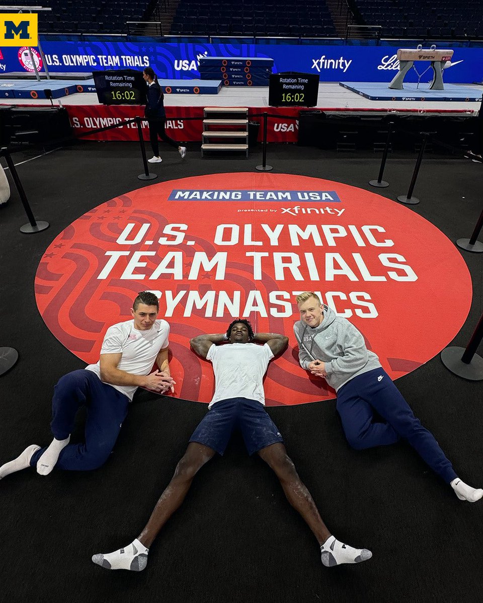 UMichGym's tweet photo. Tune in tonight as Paul Juda, Fred Richard, and Cameron Bock kick off day 1 of #USAGTrials24 at 6 p.m. (ET)! #MGoParis 

Live results: https://t.co/fXixHWyZlU https://t.co/rWBg0jFyqF