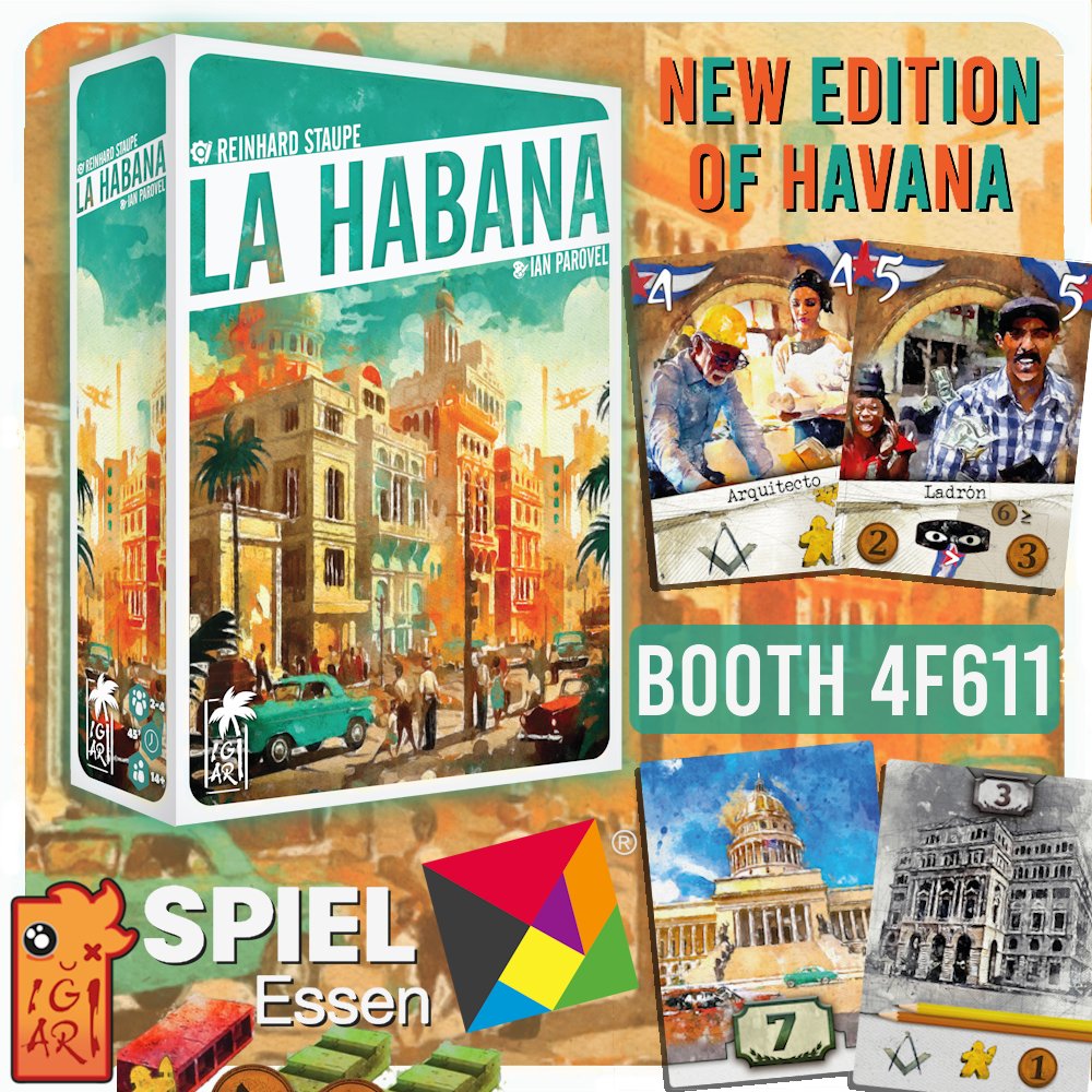 [🇬🇧🇺🇸 On the next tweet]

La Havane revient dans une nouvelle édition :

-Nouveau nom : La Habana (nom espagnol de la ville),
-Cartes action retravaillées,
-Que des icônes (le nom des cartes en espagnol est pour le fluff )
-Petite boîte, petit prix : 25€.

Disponible à Essen !