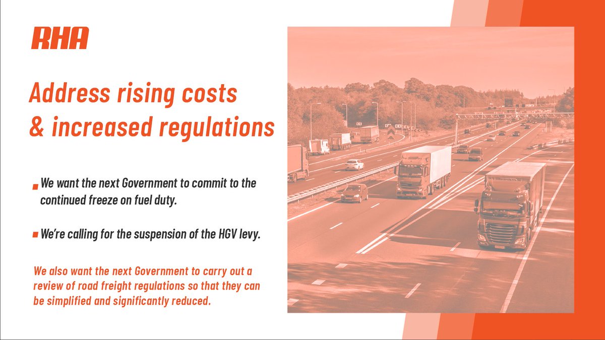 RHANews's tweet photo. As costs increase, goods become more expensive. We want the next government to relieve the tax burden on our industry to support economic growth. We're also calling for an urgent review of road freight regulations.
Our asks👇
https://t.co/oPjIjwOaj3
#RHACostsAndRegulation https://t.co/r8bHhriMhj