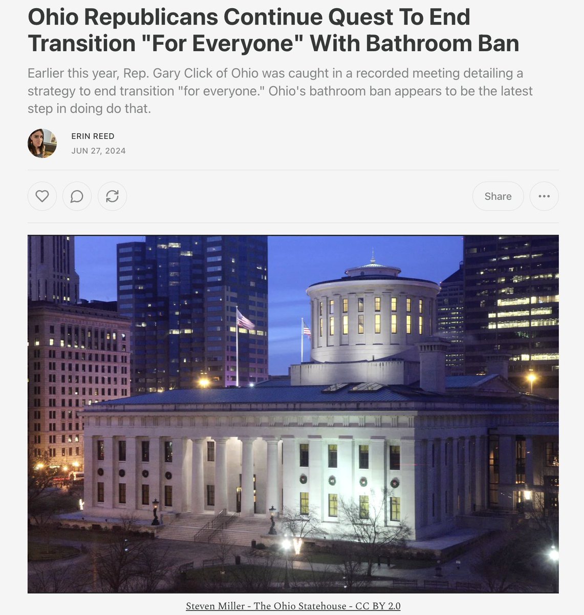 ErinInTheMorn's tweet photo. 1. Earlier this year, Ohio and Michigan Republicans were caught on audio detailing a plan to end transition "for everyone."

Last night, Ohio Republicans appeared to take the next step by sneaking an adult bathroom ban into an unrelated bill.

Subscribe to support my journalism. https://t.co/p6A7IgzU2h