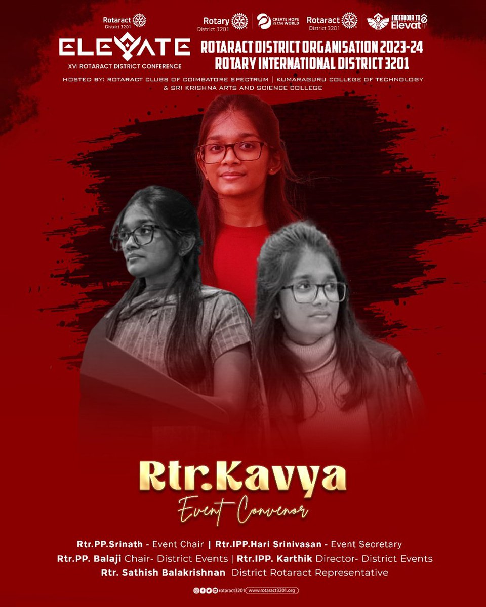 rotaract3201's tweet photo. A successful event begins with a visionary leader at the helm,
Introducing
Rtr PP Srinath-Event Chair,
Rtr IPP Hari Srinivasan-Event Secretary,
Rtr Kavya-Event Convenor
Rtr. Darshini-Event Treasurer of ELEVATE - 16th Rotaract District Conference https://t.co/njKG2kb4I5